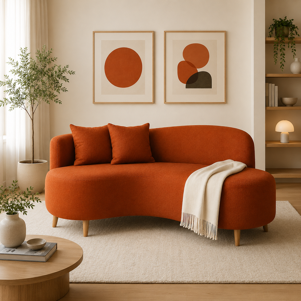 Rivon Seating Modern Curved Fabric 3-Seater Sofa – Premium Living Room Couch (Rust Orange)