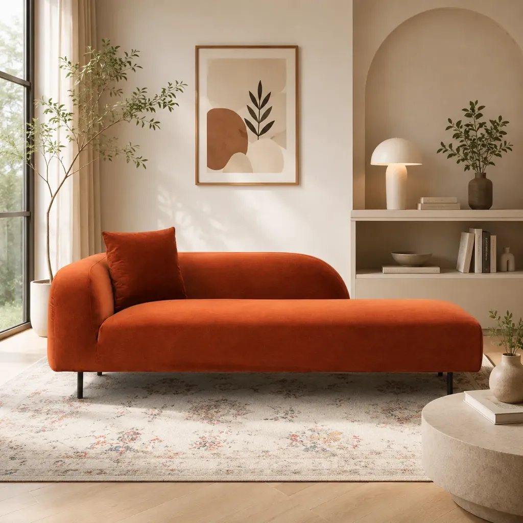 Rivon Seating Modern Velvet Chaise Lounge Sofa – Premium Upholstered Daybed with Metal Legs (Rust Orange)