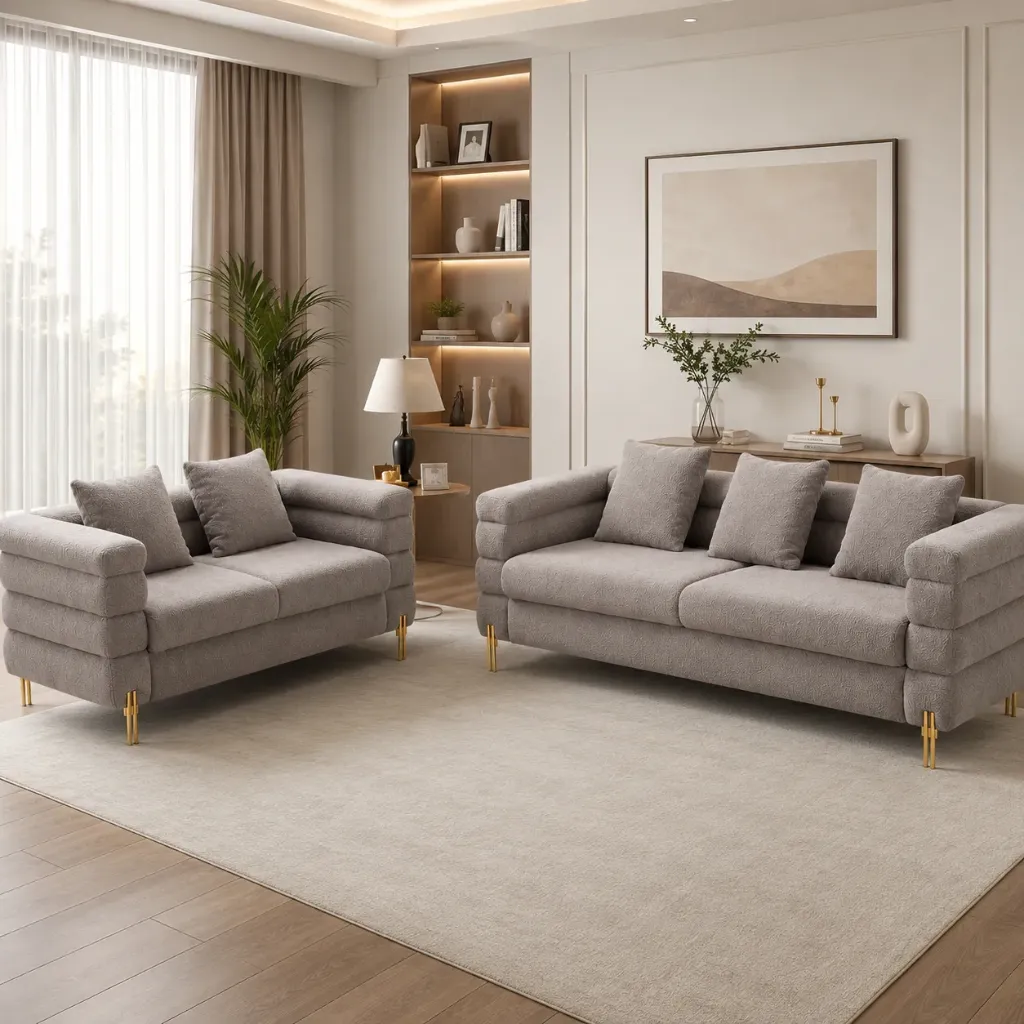 Rivon Seating Verona Luxe 3+2 Premium Fabric Sofa Set with Gold Finish Legs
