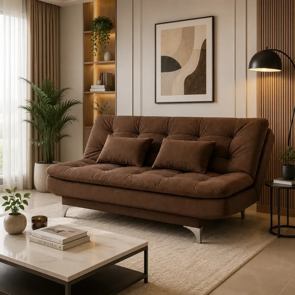 Rivon Seating Urban Comfort 3-Seater Fabric Sofa Cum Bed with Adjustable Backrest & Metal Legs – Brown