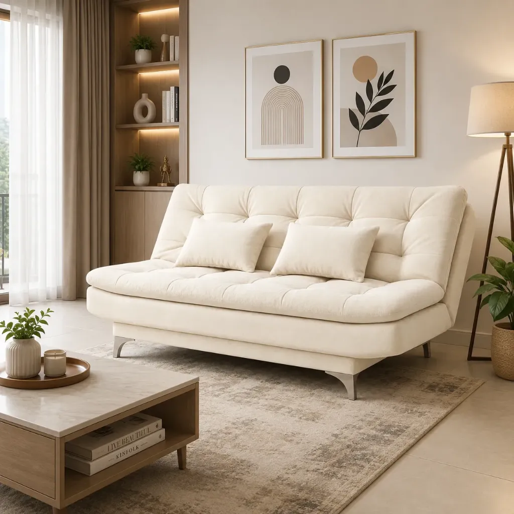 Rivon Seating Ivory Luxe 3-Seater Fabric Sofa Cum Bed with 2 Cushions