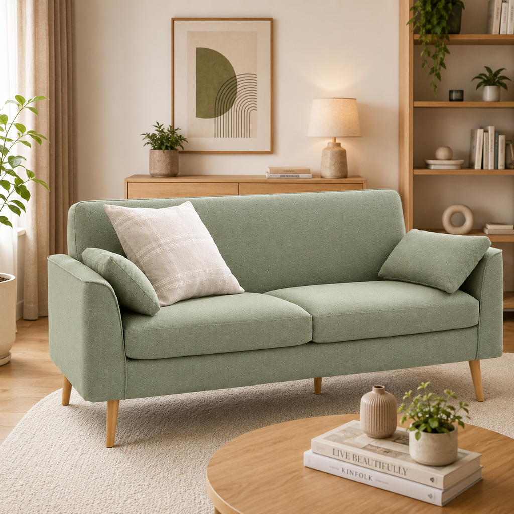 Rivon Seating Olive Breeze 3-Seater Fabric Sofa with Solid Wood Legs
