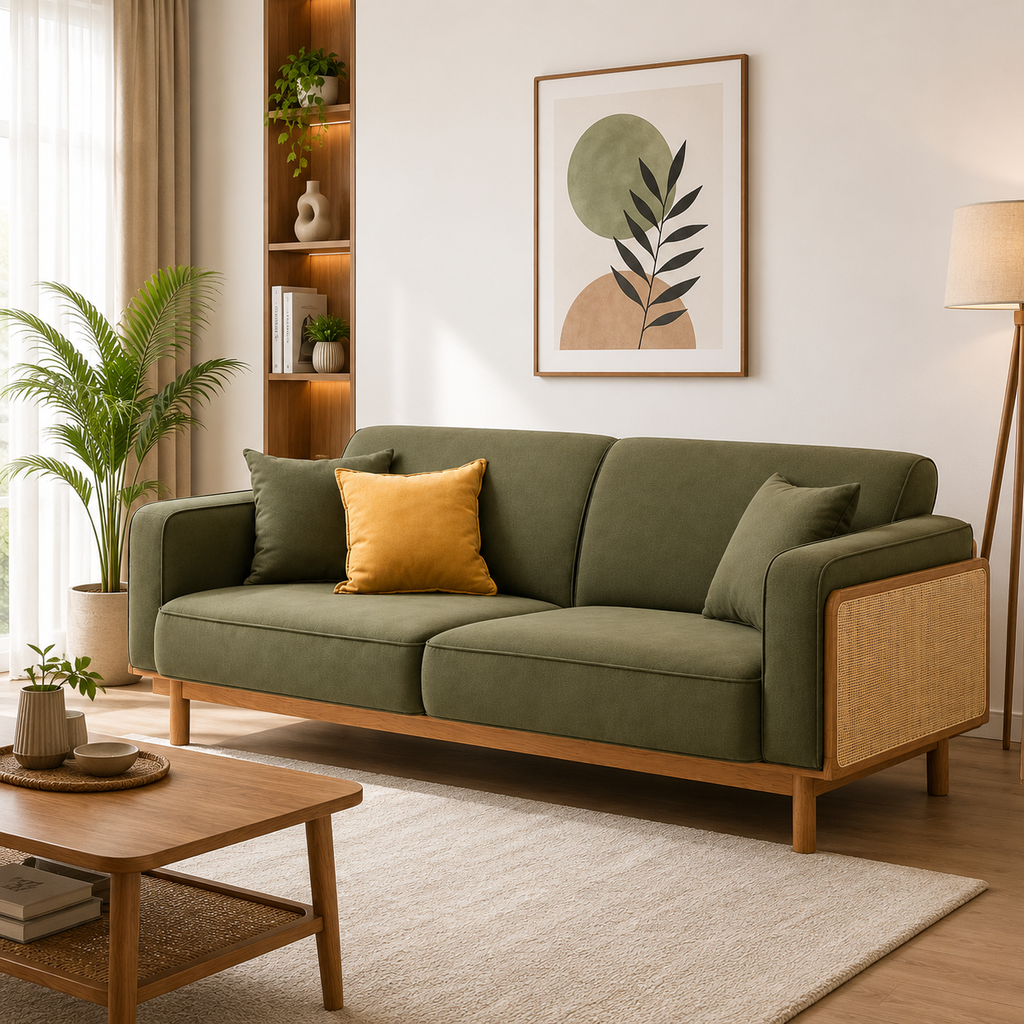 Nordic Cane 3-Seater Fabric Sofa