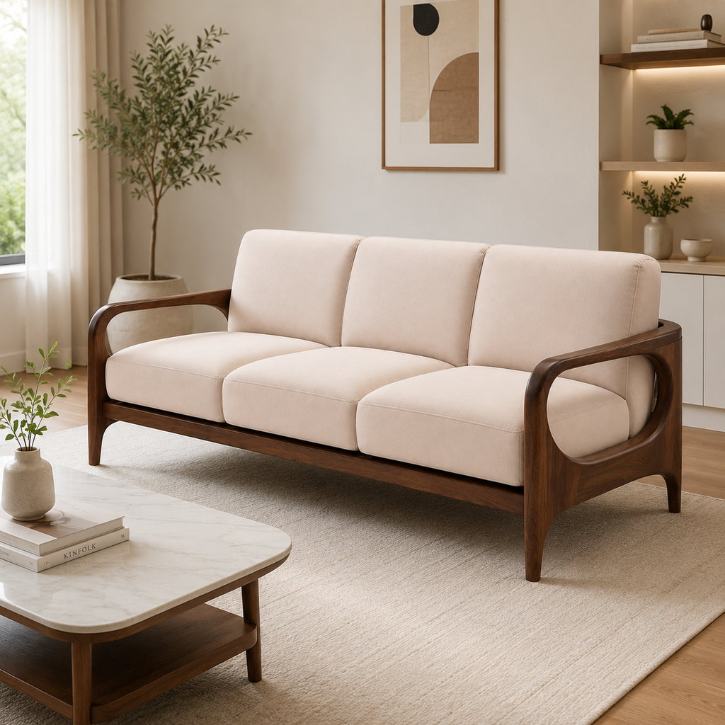 Rivon Seating Nordic Aura 3 Seater Solid Wood Fabric Sofa – Premium Modern Living Room Sofa (Cream & Walnut Finish)