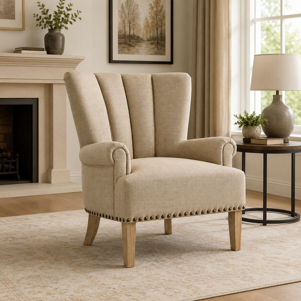 Rivon Seating Elegant Wingback Accent Chair – Premium Fabric Upholstered Lounge Chair for Living Room & Bedroom (Beige)