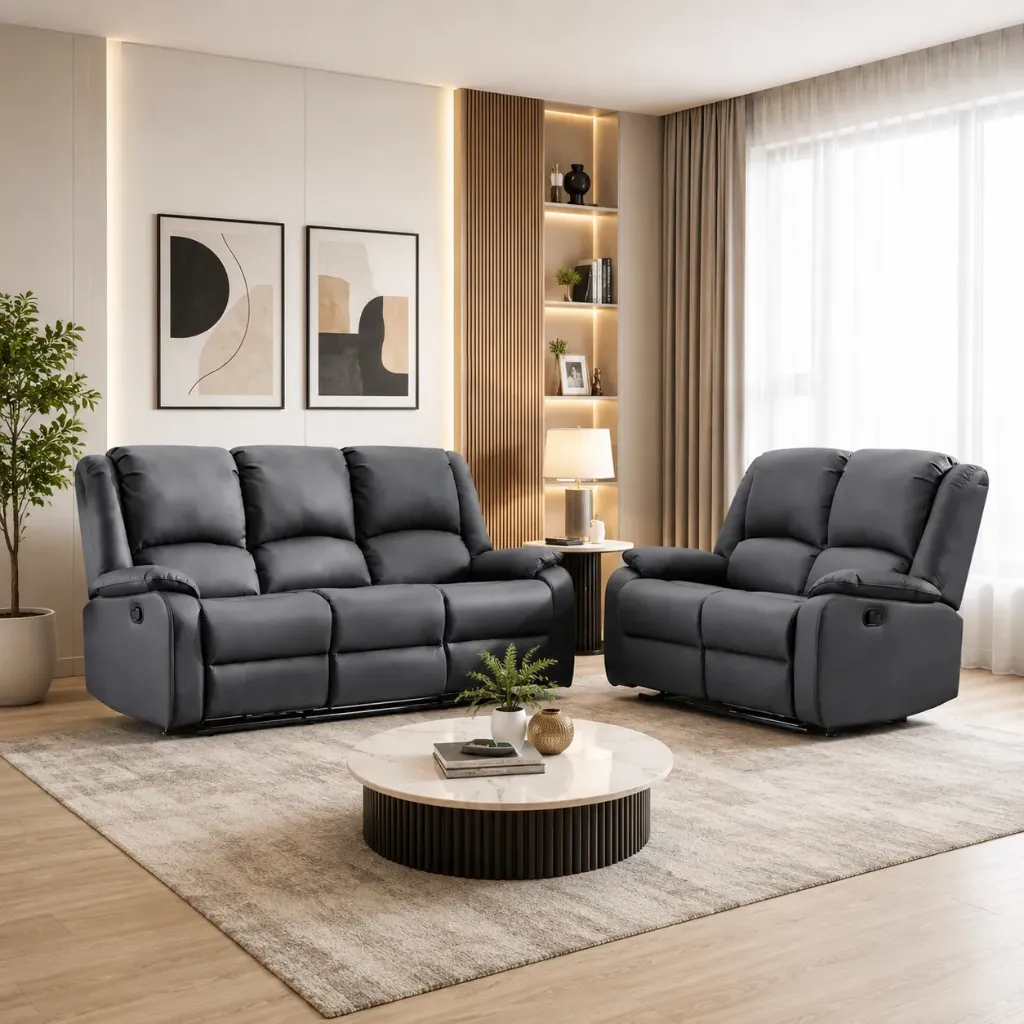 Rivon Seating Orion 3+2 Manual Recliner Sofa Set | Premium Fabric Finish | Dark Grey