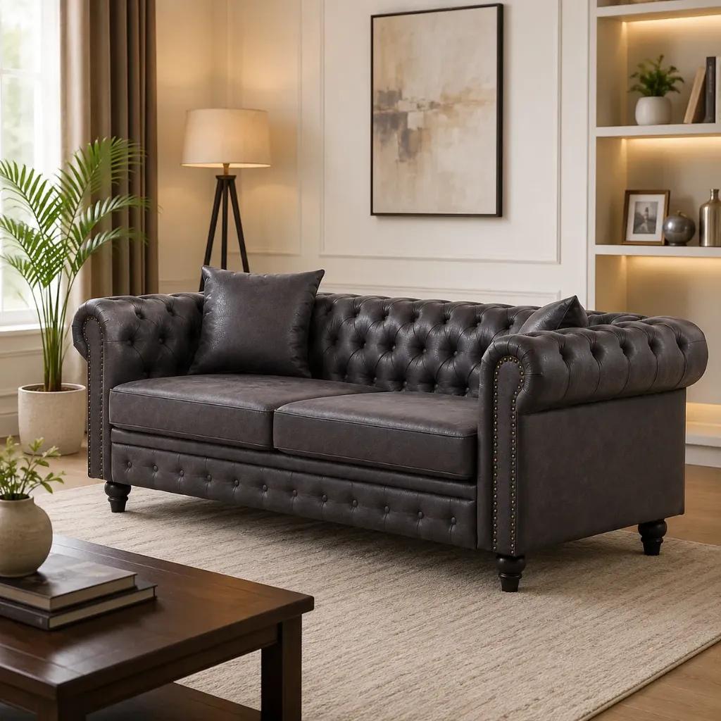 Rivon Seating Chesterfield 3-Seater Premium Fabric Sofa – Dark Grey